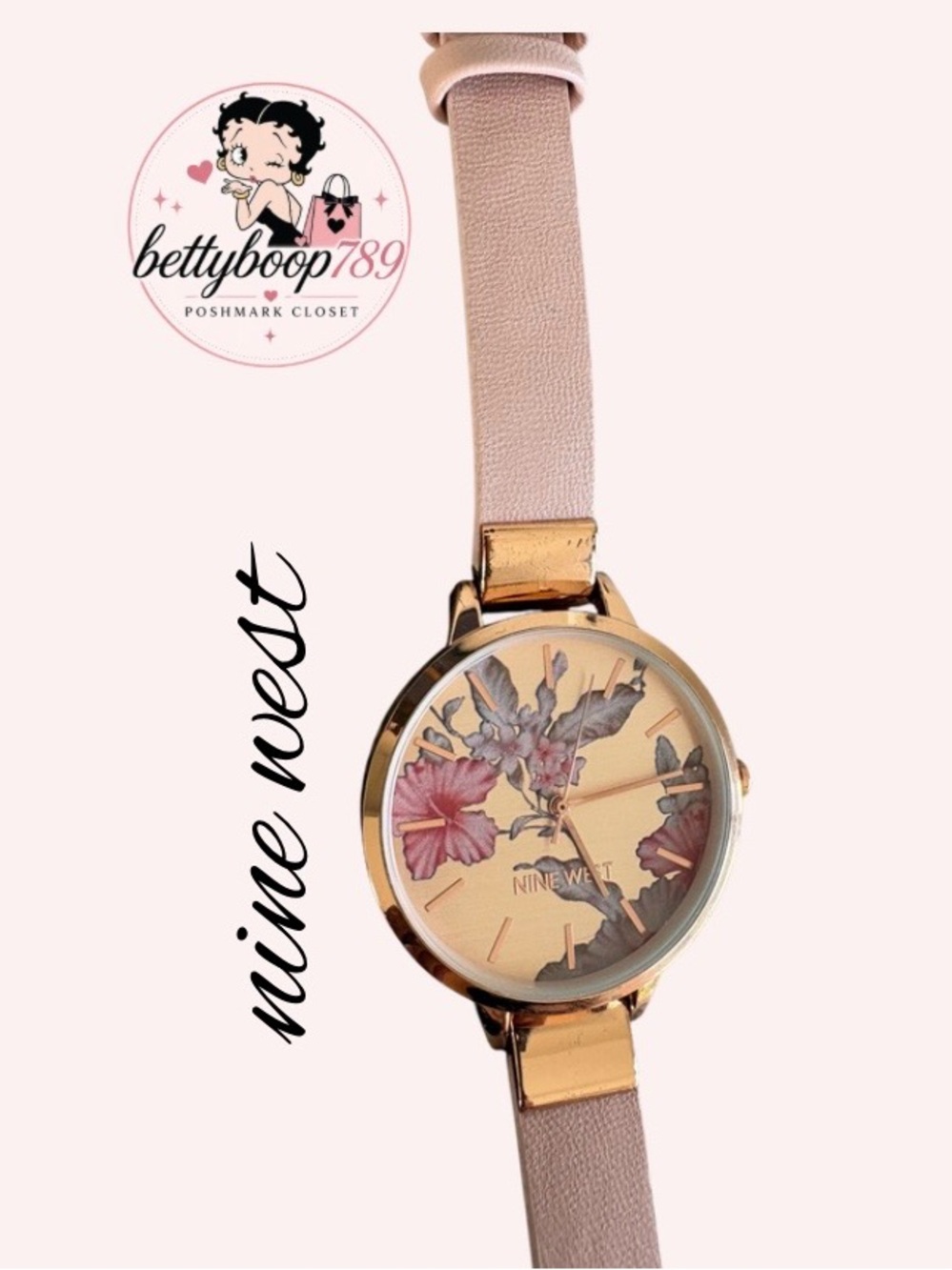 Nine West Rose Gold Case Pink Strap Floral Dial Watch